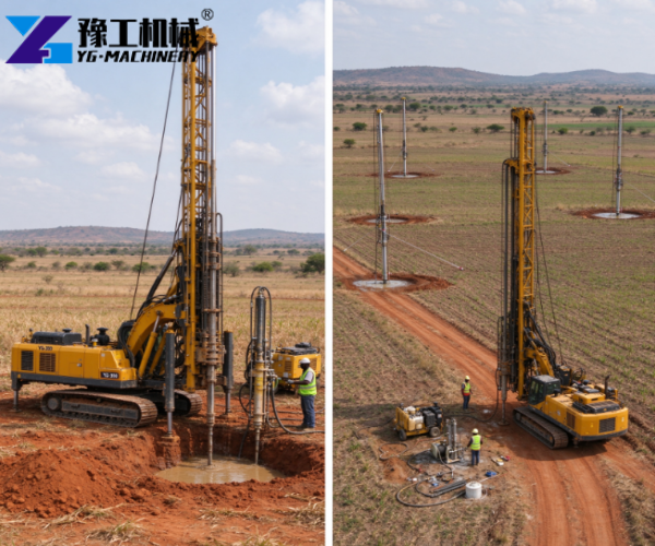 crawler DTH water Well drilling rig working on farm irrigation borehole project