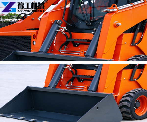 compact small skid loader side view and hydraulic cylinder closeup