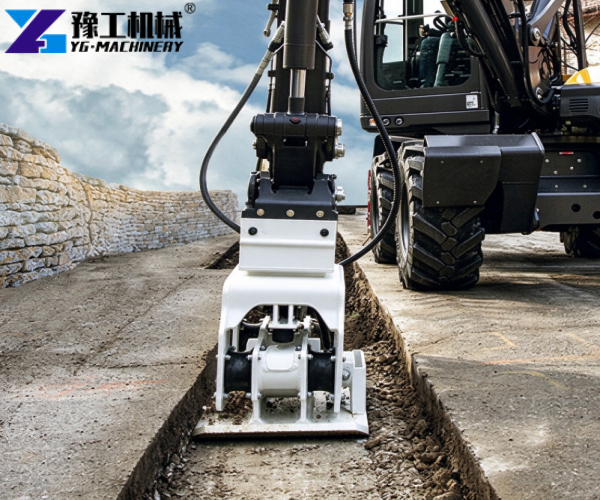 excavator vibrating plate compactor working in utility trench