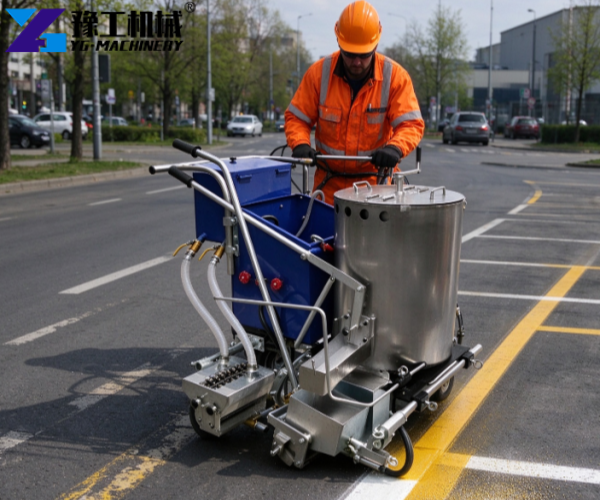 thermoplastic road marking machine working on city road