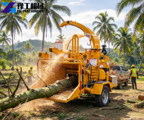 wood chipper processing logs in Philippine plantation